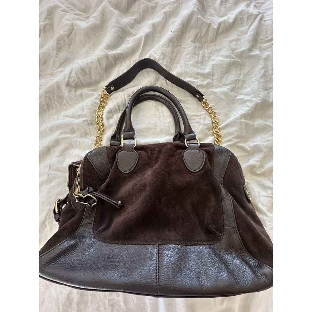 AUDREY BROOKE Brown Suede & Leather Crossbody Satchel Handbag W/ Chain Strap - Picture 14 of 16